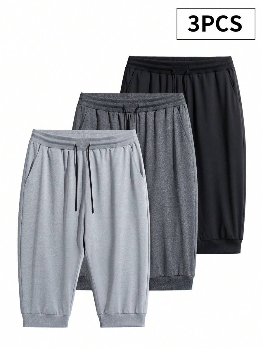 3pcs Plus Size 3/4 Pants, Solid Color Drawstring Casual Loose Sport Pants, Suitable For Spring & Summer - Multicolor - View 1