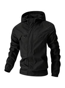 男士休闲户外轻便拉链连帽夹克，春秋季 - 黑色 - 查看 2