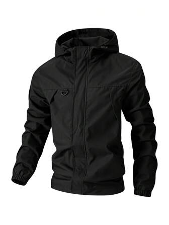 Långärmad herrjacka med huva och dragkedja för fritidsbruk, vår/höst