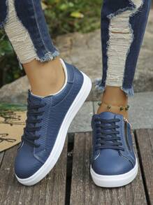 女士新款蓝色蛇纹经典侧拉链休闲鞋，时尚系带厚底运动鞋，厚底增高，学生/跑步/徒步/滑板鞋 - 藍色 - 查看 4