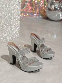 Women's Silver Chunky Heel Waterproof Platform High Heel Sandals, Sequin Decor Mule Sandals, Suitable For Party, Runway, Thick Sole High Heel Sandals Valentines - Silver - View 7