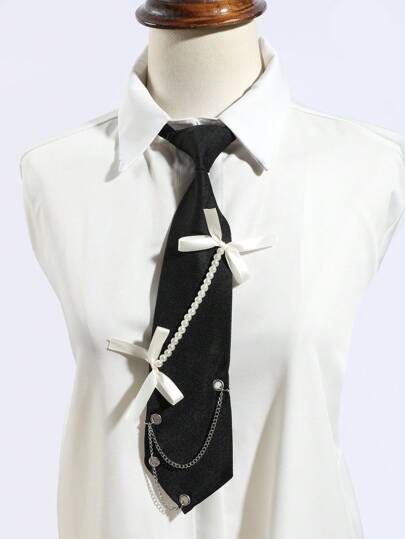 1pc Women's Fashion Bow Decor Chain Link Faux Pearl Punk Elegant Neck Tie, Suitable For Party, Gift, School, Shirt, Holiday Outfit Valentines For Dress For Christmas Decor