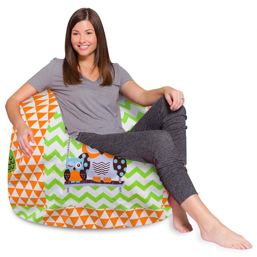 Bean Bag Chair, Kids, 2.25 Ft, Canvas Jungle Animals On White - Green - View 1