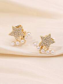 1 Pair Fashion Pentagram Copper Micro-Inlaid + Pearl Clip On Earrings, No Piercing Required, Suitable For Women And Men, Celebrity Style, Versatile For Party, Club, School, Business, Holiday, Daily Wear (Factory Direct Low Price) - JS/YS - View 3