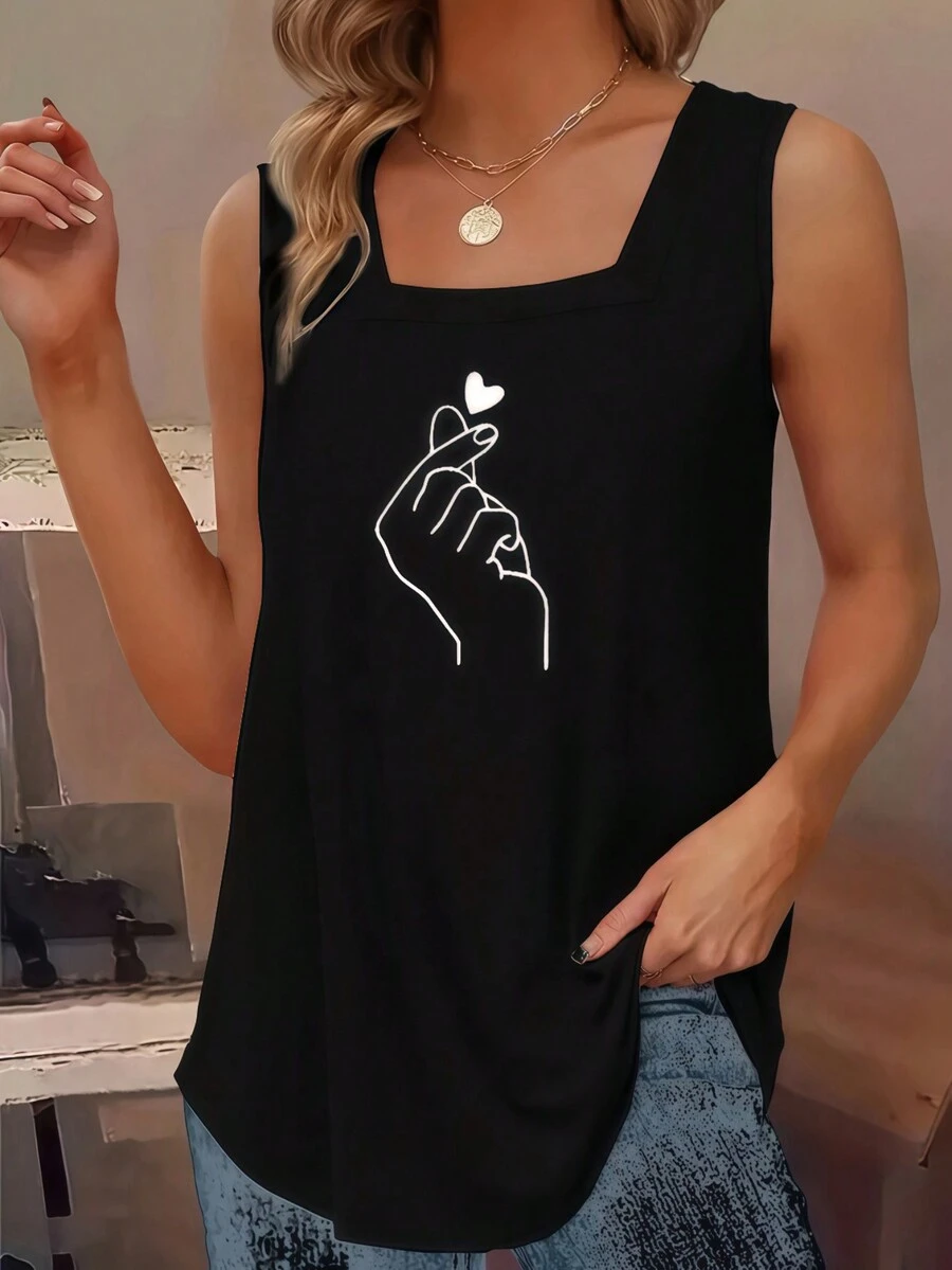 欧美春夏女士手指心形印花无袖运动休闲背心