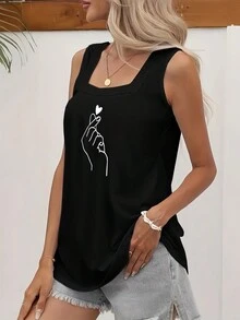 欧美春夏女士手指心形印花无袖运动休闲背心