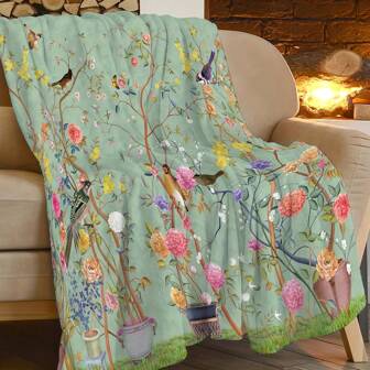 1pc Creative Floral Printed Flannel Blanket, Cozy Warm Soft Throw Blanket For Sofa, Office, Bed, Travel, All Seasons