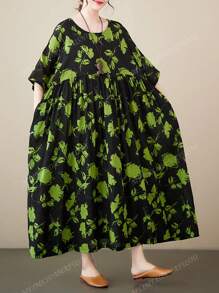 Top, 2025 Green Flower Dress, Daily Ladies Plus-Size Dress, Summer Crew-Neck Sleeved Full Print Breathable Holiday Casual Dress, Holiday Beach Wear, Bohemian Elegant Dress