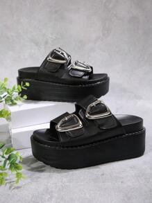 FVPFVP Rhinestone Decor Platform Slide Sandals For Women, Fashion Slip-On Thick Sole Slippers, Korean Style Versatile Wedge Heel Sandals, Summer 2024 New Arrival,Travel Essential - Black - View 3