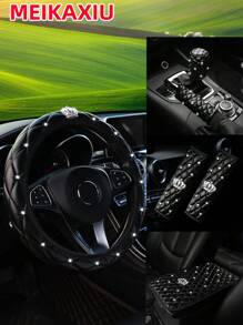 MEIKAXIU 6pcs Set 3D Soft Leather Rhinestone Embroidery Shiny Crown Bling Bling Black Pink Red Car Steering Wheel Cover, Shoulder Pad, Handbrake Cover, Gear Shift Cover, Universal Car Interior Accessories - one-size - View 5