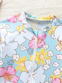 Young Girl Floral Print Round Neck Zip-Up Half Placket Long Sleeve Unitard Swimsuit - Baby Blue - View 3