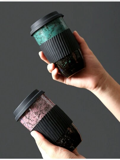 1 件 480 毫升/16 盎司陶瓷窑变杯，带盖和硅胶套，隔热便携式旅行咖啡杯，大容量杯子，适合家庭、同事、老师、配偶、兄弟姐妹，独特的礼物