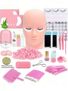 Lash Extension Kit Professional Eyelash Extensions Supplies Training For Beginners Mannequin Head Grafting Lash USB Fan Lash Shampoo Brush Spraye 0.07D Curl Mix 8-15mm Practice Eyelash Strips(Pink) - Pink - View 1