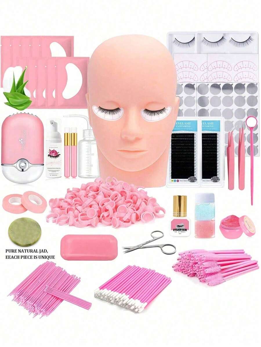 Lash Extension Kit Professional Eyelash Extensions Supplies Training For Beginners Mannequin Head Grafting Lash USB Fan Lash Shampoo Brush Spraye 0.07D Curl Mix 8-15mm Practice Eyelash Strips(Pink) - Pink - View 1