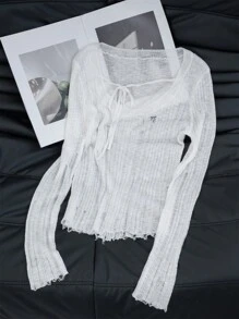 韩版时尚大圆领修身破洞针织衫设计感露肩系带蝴蝶结长袖毛衣女士外出休闲可爱