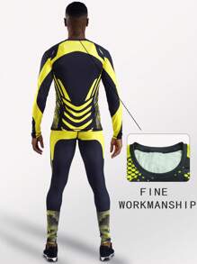 2 sztuki/zestaw Boyfriend Style Męski Letni Outdoor Cycling Sport Ćwiczenia Fitness Bieganie Koszykówka Kompresja Odprowadzanie wilgoci Szybkoschnący Wygodny Oddychający Lekki Kamuflaż Włókno Bambusowe Kombinezon - Żółty - Zobacz 4