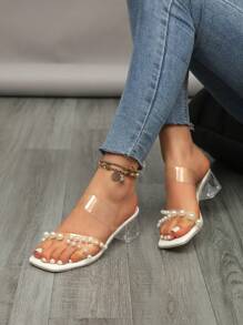 Plus Size Women's Square Toe Ankle Strap Sandals, Chunky Wedge Heel, White Transparent Pearl Decor, Comfortable And Non-Slip For Party, Beach And Home/Outdoor Wear Valentines