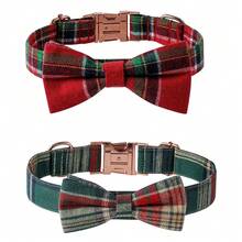 2 件套圣诞宠物配饰，英国风格红绿格子宠物领结项圈，圣诞格子玫瑰金扣领结项圈