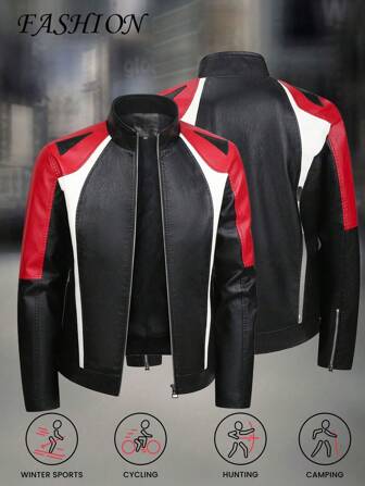 New Autumn/Winter Motorcycle Style Casual Patchwork Stand Collar Leather Jacket For Men, Streetwear Fashion,Fleece