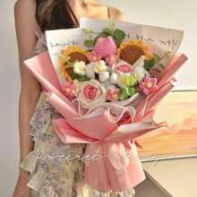 Handmade Crocheted Floral Bouquet, Sunflower And Rose Knitted With Yarn, A Sentimental Gift For Girlfriend/Wife On Valentine's Day