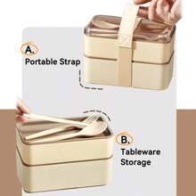 1pc 1440ML Double-Layer Plastic Bento Box With Cutlery Set & Lunch Bag & Sauce Box, Portable Square Lunch Box With Compartments, Leak Proof Fruit Salad Food Storage Container, Dishwasher & Microwave Allowable Lunch Container, Suitable For Student And Adult Use In Home, School, Dorm, Office, Outdoor Camping, Picnic, Travel, Back To School