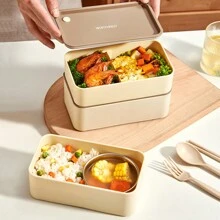 1pc 1440ML Double-Layer Plastic Bento Box With Cutlery Set & Lunch Bag & Sauce Box, Portable Square Lunch Box With Compartments, Leak Proof Fruit Salad Food Storage Container, Dishwasher & Microwave Allowable Lunch Container, Suitable For Student And Adult Use In Home, School, Dorm, Office, Outdoor Camping, Picnic, Travel, Back To School