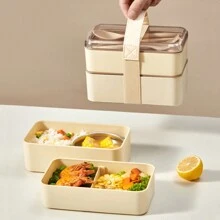 1pc 1440ML Double-Layer Plastic Bento Box With Cutlery Set & Lunch Bag & Sauce Box, Portable Square Lunch Box With Compartments, Leak Proof Fruit Salad Food Storage Container, Dishwasher & Microwave Allowable Lunch Container, Suitable For Student And Adult Use In Home, School, Dorm, Office, Outdoor Camping, Picnic, Travel, Back To School
