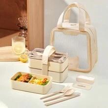 1pc 1440ML Double-Layer Plastic Bento Box With Cutlery Set & Lunch Bag & Sauce Box, Portable Square Lunch Box With Compartments, Leak Proof Fruit Salad Food Storage Container, Dishwasher & Microwave Allowable Lunch Container, Suitable For Student And Adult Use In Home, School, Dorm, Office, Outdoor Camping, Picnic, Travel, Back To School
