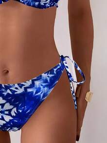 Women's Beach Holiday Tie-Dye Halter Neck Tie Side Bikini Swimwear Set, For Summer Vacation - Multicolor - View 4