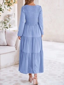 Women's Casual Pleated Mid-Length Elegant New Year Dress Autumn Long Sleeve V-Neck Layered A-Line Long Elegant Dress - 淺藍色 - 查看 6