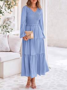 Women's Casual Pleated Mid-Length Elegant New Year Dress Autumn Long Sleeve V-Neck Layered A-Line Long Elegant Dress - 淺藍色 - 查看 4