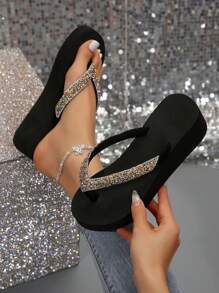 Women's Thin Strap Flip Flops, Summer New Fashion Thick Bottom Wedge Beach Sandals, Non-Slip Thick Bottom Beach Slippers, Wedge High Heel T-Strap Sandals, Suitable For Outdoor Beach Wedding