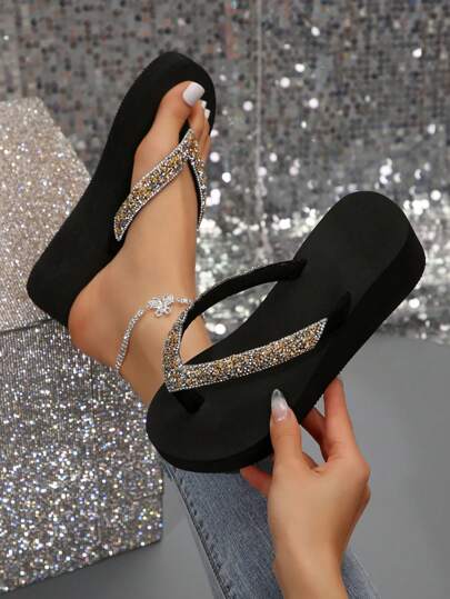 Sandalias de mujer tipo chanclas con tiras delgadas, nuevas sandalias de playa de moda de verano con cuña de suela gruesa, sandalias de playa antideslizantes de suela gruesa, sandalias tipo T con cuña y tacón alto, adecuadas para bodas al aire libre y playa