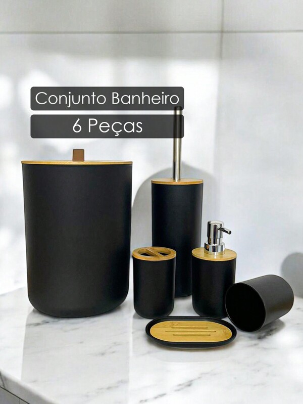 Conjunto 6 Peças Acessórios P/ Banheiro Lavabo Limpeza Escova Sanitária Lixeira Tampa Fechada Em Bambu Organizadores