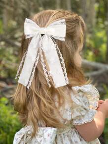 1 pieza Pinza de pelo con gran lazo blanco para niñas, lazos de tul con cola larga para niños, decoraciones elegantes para niños