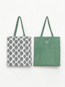 Korean Style Large Capacity Reversible Shoulder Bag, Linen Hand Tote Bag, Artistic Rustic Style, Durable And Practical Shopping Bag/Storage Bag - Green - View 1