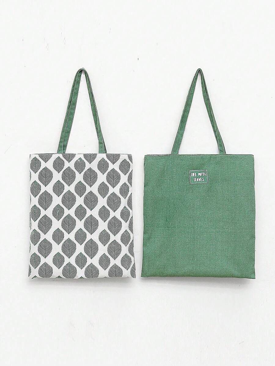 Korean Style Large Capacity Reversible Shoulder Bag, Linen Hand Tote Bag, Artistic Rustic Style, Durable And Practical Shopping Bag/Storage Bag - Green - View 1