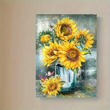 1pc Wood Frame Canvas Painting Sunflowers Canvas Wall Art Prints Yellow Flowers Canvas Wall Art Artwork Home Decor For Bedroom Living Room Bathroom Rama - Black and White - View 5
