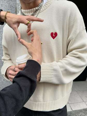 Casual Loose Fit Crew Neck Sweater, Slouchy Fashion Pullover With Embroidered Heart Design, Suitable For Spring, Autumn, Winter, Unisex