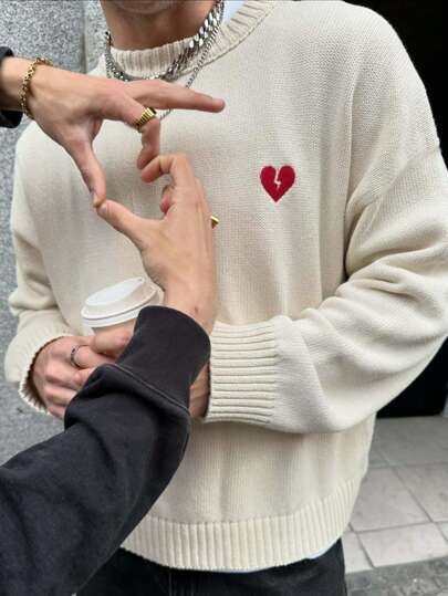 Casual Loose Fit Crew Neck Long Sleeve Sweater, Oversized Slouchy Pullover With Heart Embroidery Design, Suitable For Spring, Autumn, Winter