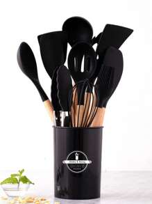 12 piezas Juego de cucharas de cocina de silicona con mango de madera, resistentes a altas temperaturas. Espátula de silicona, utensilios de cocina con contenedor de almacenamiento para utensilios antiadherentes. Juego de herramientas de cocina completo para entusiastas de la cocina.