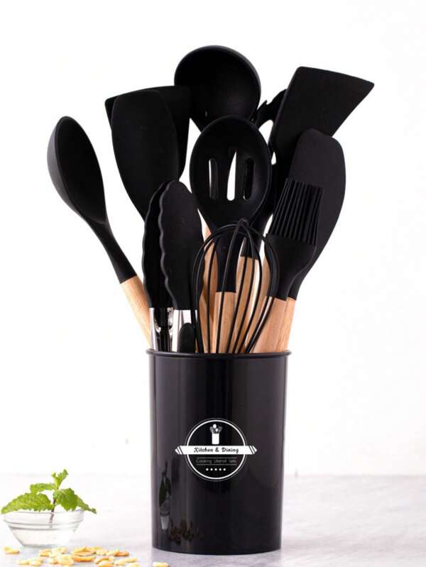 12 piezas Juego de cucharas de cocina de silicona con mango de madera, resistentes a altas temperaturas. Espátula de silicona, utensilios de cocina con contenedor de almacenamiento para utensilios antiadherentes. Juego de herramientas de cocina completo para entusiastas de la cocina.