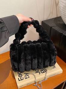 柔软毛绒人造毛皮女士手提包，可手提或肩背，链条设计，毛茸茸的枕头水桶包，轻便适合度假、购物和日常使用，秋冬季