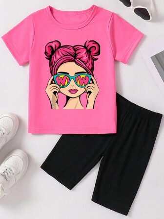 青少年女孩休闲卡通印花短袖 T 恤和短裤，夏季