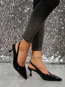 女士纯色亮面皮革高跟凉鞋，新款春夏亮面黑色高跟鞋尖头派对百搭后系带小猫跟正装鞋 - 黑色 - 查看 2