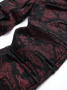 Men's Fashion Printed Fringe Jeans, Grunge - Black - View 5