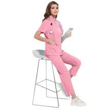 1 Set Women's Short Sleeve Zipper Scrub Uniform Suit With Stand Collar & Pocket, Made Of Polyester Fleece, Loose Fit Nurse Scrub Uniform Suitable For Hospital Work - Pink - View 8