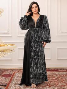 Elegant Plus Size Women Long Sleeve Dress, V-Neck Sparkle Mesh Patchwork Formal Evening Gown For Music Concerts - Black - View 2