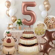 1set 40 Inch Chocolate Number Capybara Birthday Cake Foil Balloon, Round Capybara Chocolate Stars Birthday Cake Balloon For Birthday Decorations Capybara Party Favors Capybara Theme Party Supplies Decor