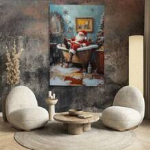 Room Decor 1pc Wooden Framed, Santa Is In The Bathtub, Wall Decorati Canvas Painting Wall Art Prints Poster, Decor For Home Gifts, Living Room, Bathroom, Bedroom